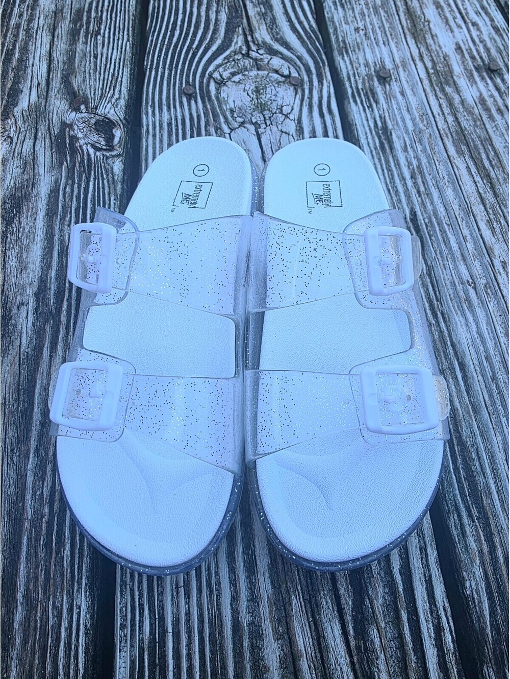 Extremely Me Girls' Clear Glitter Double-Buckle Jelly Slide Sandals.